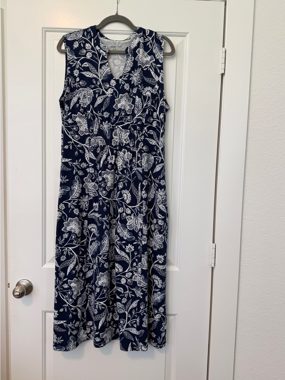 Coldwater Creek Navy Blue and White Floral Midi Dress Pockets Excellent Large